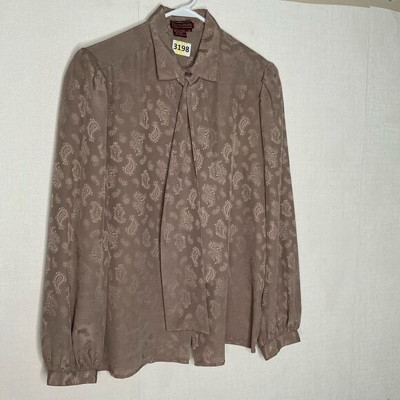 VTG Donaldsons Silky Blouse Womens sz 16 Taupe Paisley DeAttached Tie Mint Korea - Picture 3 of 9